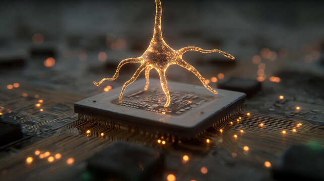 Holographic neurons float above a CPU symbolizing artificial intelligence neural networks and the fusion of human brain inspired computing with advanced digital technology