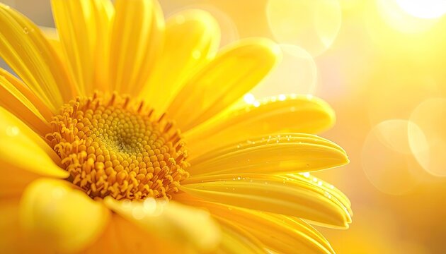 Close up yellow daisy flower with water droplets sparkling in bright sunlight with soft bokeh background - Powered by Adobe