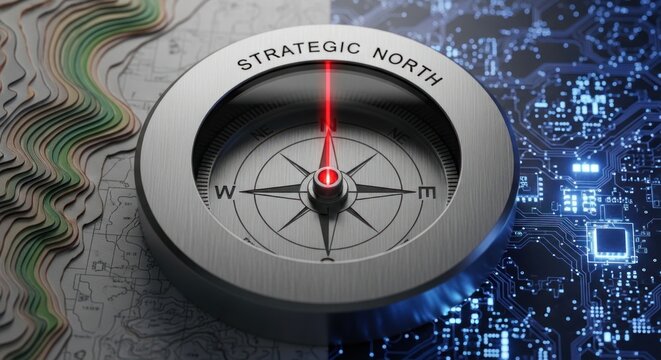 Metallic compass with 'strategic north' inscription pointing way on split background for topographic map futuristic blue circuit board, for navigation, planning, decision making,