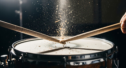 Dynamic drum impact: Drumsticks striking snare drum, scattering particles in an energetic musical performance.