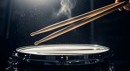 Energetic drumsticks hitting snare drum with dust and smoke on a dark background, capturing powerful rhythm and musical performance.
