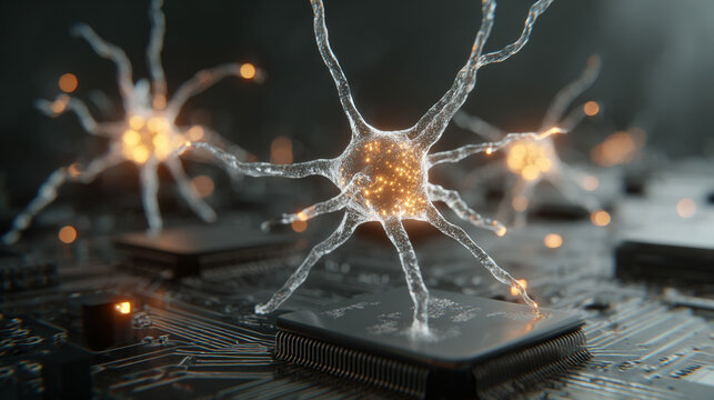 Holographic neurons float above a CPU symbolizing artificial intelligence neural networks and the fusion of human brain inspired computing with advanced digital technology - Powered by Adobe
