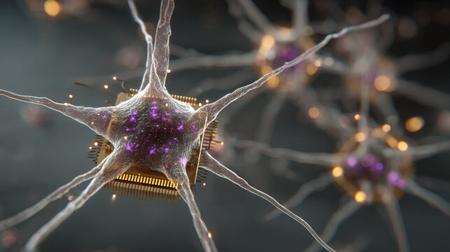 Holographic neurons float above a CPU symbolizing artificial intelligence neural networks and the fusion of human brain inspired computing with advanced digital technology