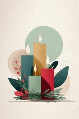 Advent colorful candles with Christmas greenery red berries against light background, Scandinavian hygge winter holiday decor, cozy minimal flat illustration. greeting card, poster, seasonal branding