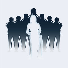 Modern vector illustration showing a group of business people with one person standing confidently in front, symbolizing leadership, teamwork, and corporate success