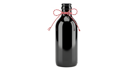 Gift - Black glass bottle with decorative red and white string tied around the neck, isolated on white background, perfect for packaging or product display