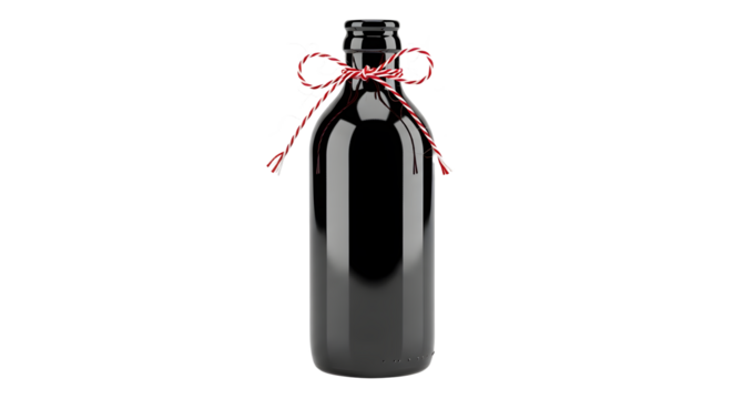 Gift - Black glass bottle with decorative red and white string tied around the neck, isolated on white background, perfect for packaging or product display