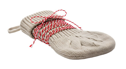 Gift - Cozy knitted beige mitten with red and white striped twine wrapped around, perfect for winter season or holiday crafts