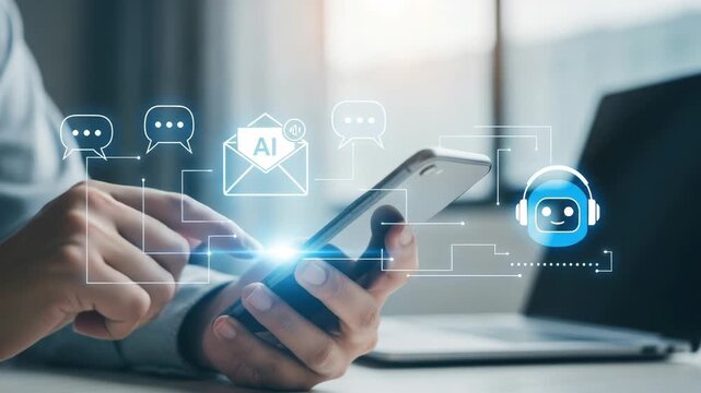 Person using smartphone with ai chatbot and email icons overlayed image
