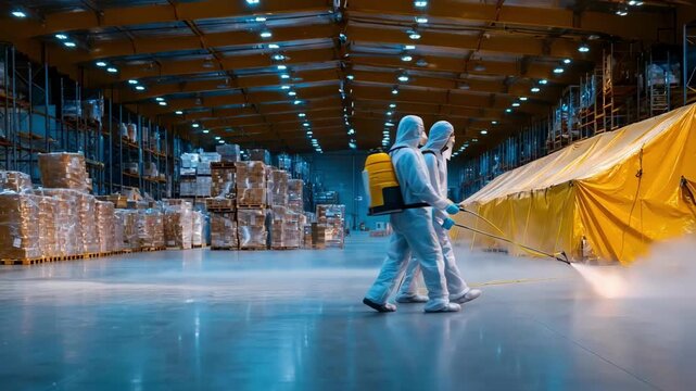Medium shot of pest control professionals setting up gas fumigation in a commercial warehouse focusing on safe application and containment.
