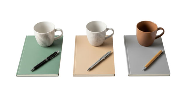 Three different colored notebooks each topped with a mug and pen studio shot isolated on a transparent background