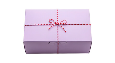 Gift - Pastel purple gift box tied with red and white striped string bow, isolated on white background, perfect for birthdays and special occasions