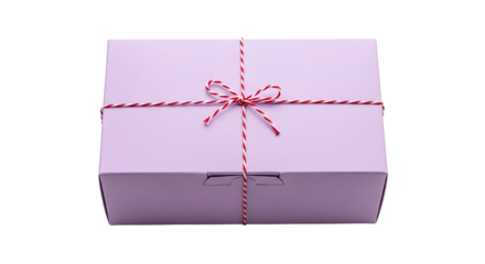 Gift - Pastel purple gift box tied with red and white striped string bow, isolated on white background, perfect for birthdays and special occasions