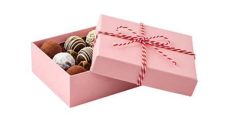 Gift - Pink gift box with assorted decorated chocolate truffles tied with red and white string, isolated on white, perfect for gifts and celebrations