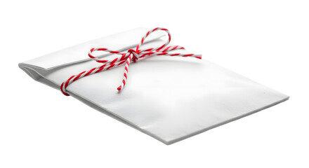 Gift - Plain white paper envelope tied with red and white striped string, isolated on white background, perfect for invitations or gift wrapping