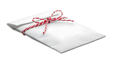 Gift - Plain white paper envelope tied with red and white striped string, isolated on white background, perfect for invitations or gift wrapping