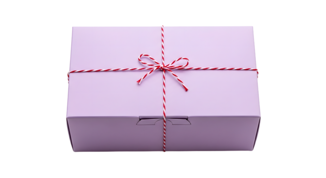 Gift - Pastel purple gift box tied with red and white striped string bow, isolated on white background, perfect for birthdays and special occasions - Powered by Adobe