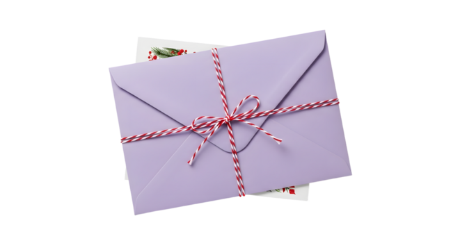 Gift - Purple envelope tied with red and white striped string containing a floral card, perfect for invitations and greetings