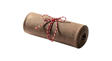 Gift - Rolled burlap fabric tied with red and white twine bow isolated on black background, perfect for crafting and DIY projects
