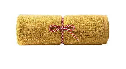 Gift - Rolled mustard yellow towel tied with red and white twine isolated on white background, perfect for spa and home decor