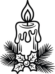 Festive Candle with Holly – Monochrome Christmas Vector Art