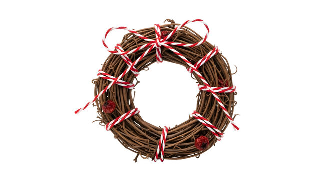 Gift - Rustic grapevine wreath decorated with red and white ribbon and small red berries, perfect for winter or Christmas decoration