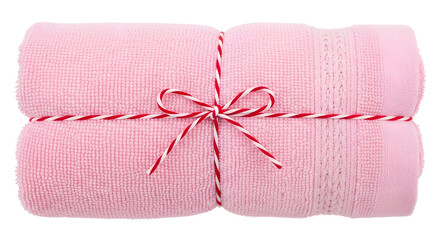 Gift - Soft pink rolled towel tied with red and white string perfect for spa, bathroom, or skincare advertising