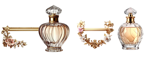 Floral Golden Frame and Ornate Glass Perfume Bottle