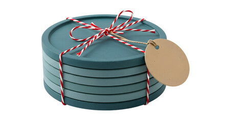 Gift - Stack of blue coaster set tied with red and white string and blank gift tag, perfect for home decor or gifting