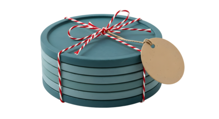 Gift - Stack of blue coaster set tied with red and white string and blank gift tag, perfect for home decor or gifting
