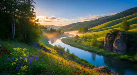 Naklejka premium Beautiful sunrise over a winding river surrounded by lush green hills, colorful wildflowers, and mist in the valley. Peaceful natural landscape with warm sunlight, serene atmosphere, and vibrant summe