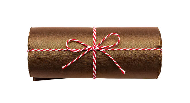 Gift - Brown wrapped gift with red and white striped string tied in a bow, isolated on white background, perfect for holiday presents or special occasions
