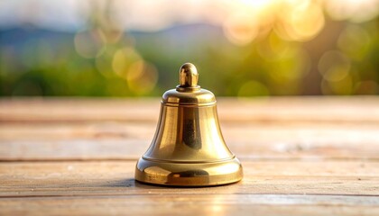A shiny golden call bell rests on a wooden surface against a beautifully blurred natural background with sunny bokeh