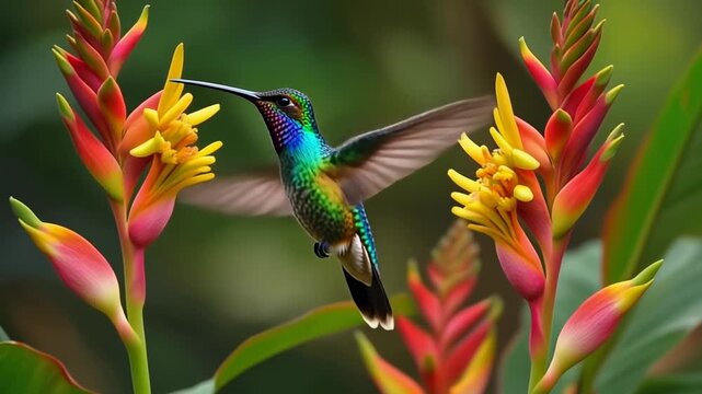 A hummingbird hovering near colorful tropical flowers 