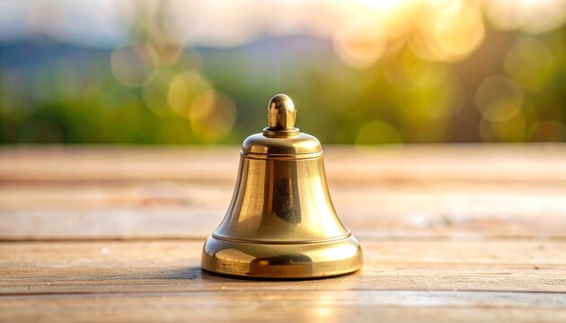 A shiny golden call bell rests on a wooden surface against a beautifully blurred natural background with sunny bokeh