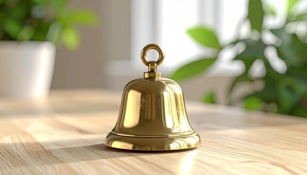 Close-up of a golden bell on a wooden table with natural light, for festive notifications and celebration