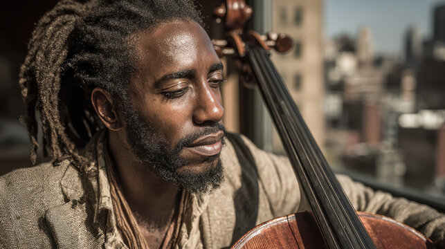 Man playing cello with eyes closed in natural light indoor setting with urban cityscape background focus on emotion and musical expression close-up portrait