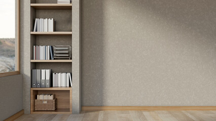 Fototapeta premium Build in bookshelf in gray cement loft wall aside window and wooden parquet floor in a modern room.