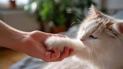 Gentle moment of a fluffy white cat touching a human hand, symbolizing trust and affection in soft natural light