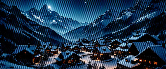Panoramic view of snowy winter mountain landscape with cold white peaks and a vast blue sky.