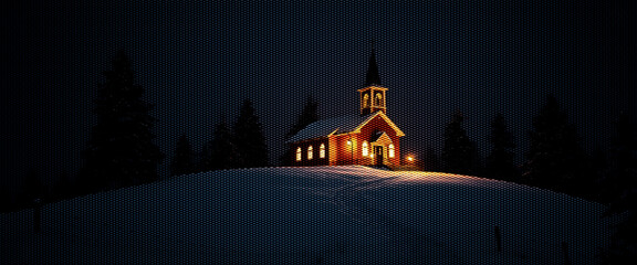 Ancient orthodox church tower in cold winter snow at night.