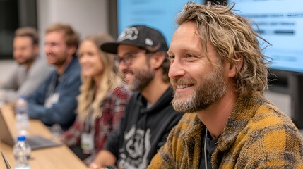 Obraz premium Man with blond hair smiles at an event with diverse group of young professionals sitting at a long table.