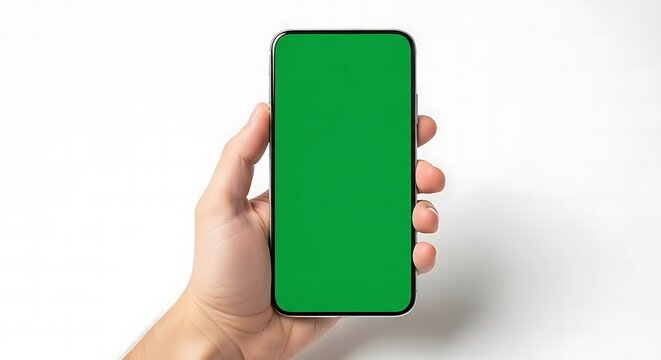 Hand holding a modern mobile device with a vibrant green screen, perfect for custom content display, applications, or interactive interfaces on a clean white background for digital projects