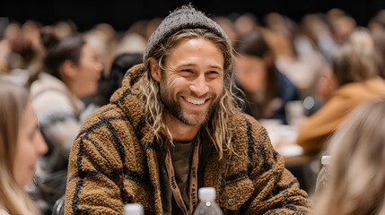 A happy young man with long hair smiles du a conference surrounded by attendees at a convention hall.