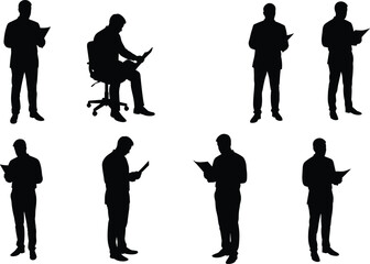 Reading silhouette, person with book, standing reader pose, seated posture, office chair, document study, black vector icon, education concept
