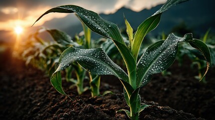 Young corn plants grow in a field at sunset with mountains in background.