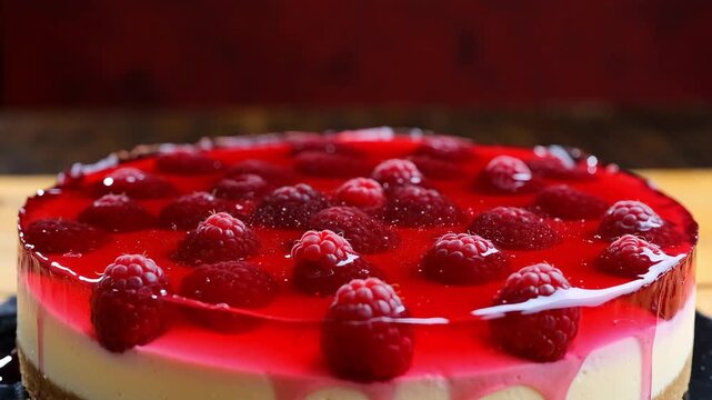 Close-up shot of a creamy, white cheesecake topped with bright red jelly and fresh raspberries on a dark, rustic wooden surface