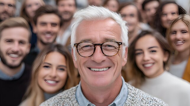 Smiling senior man with glasses stands out confidently in a diverse crowd of happy people behind him.