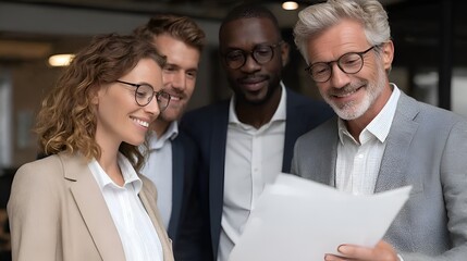 A group of diverse business colleagues review documents together while standing in a modern office space.