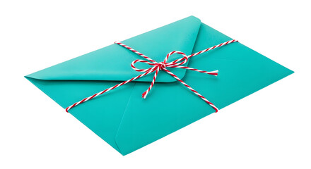 Gift - Teal gift envelope wrapped with red and white striped string tied in a bow, isolated on white background, perfect for invitations or greeting cards